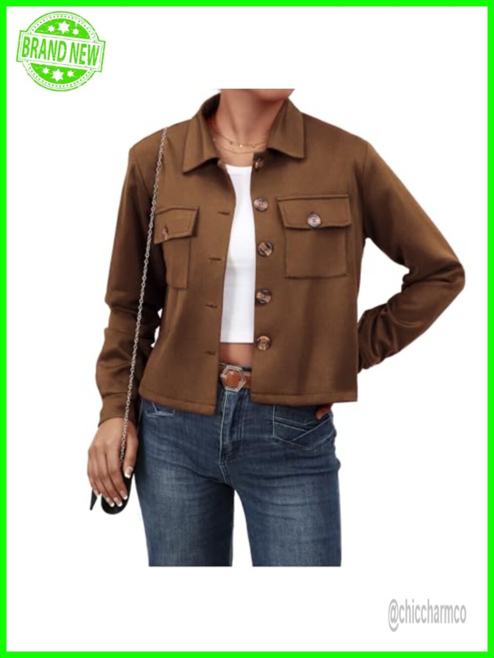 Faux Suede Cropped Jacket Button Down Shacket Long Sleeve Casual